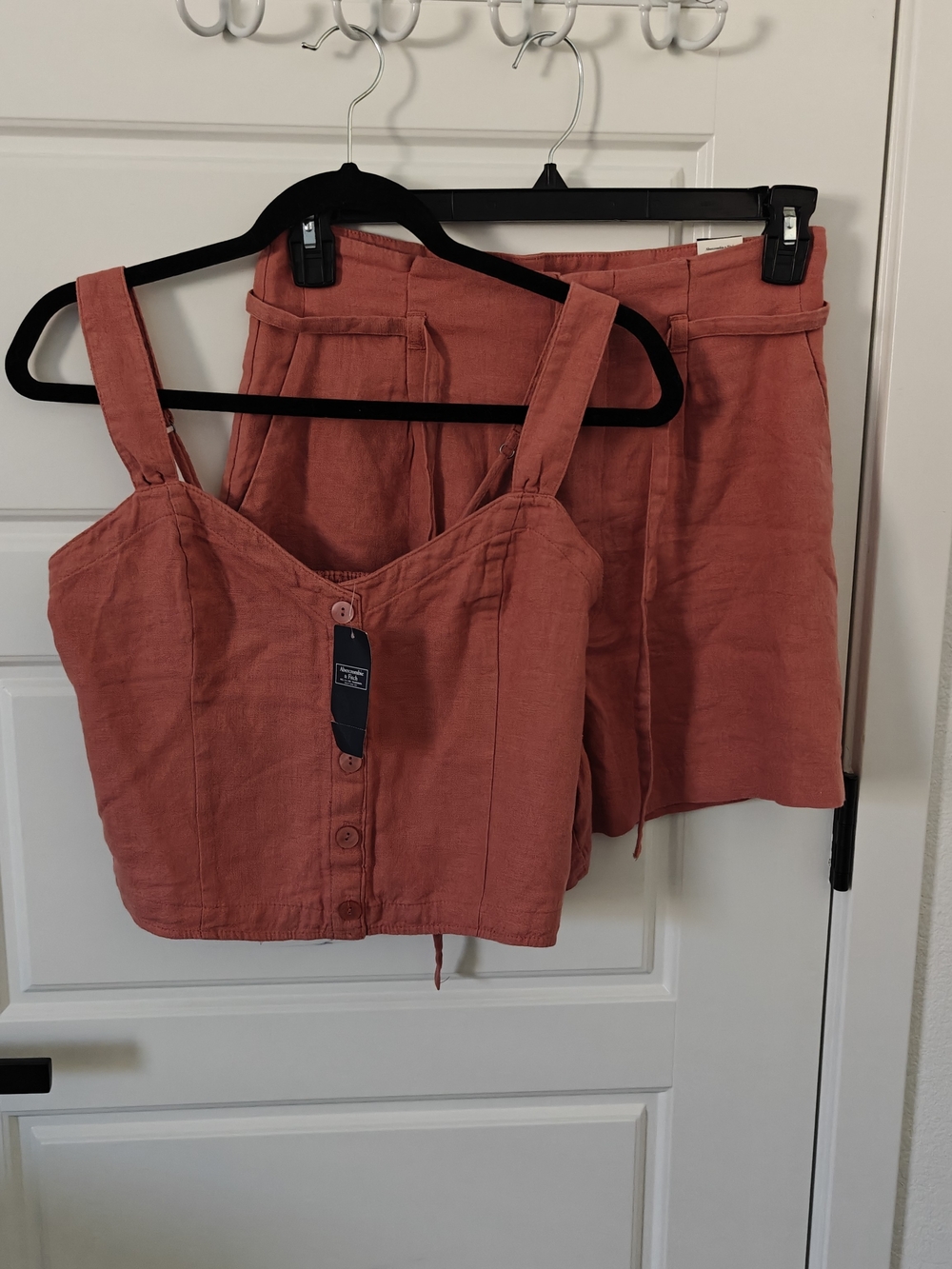 Abercrombie & Fitch Linen Blend Button-Front Crop Top & Short Set - Rust